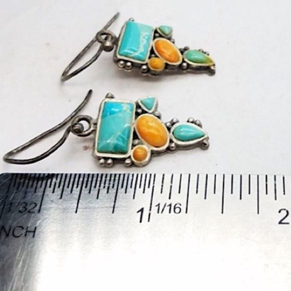 BARSE Sterling Silver 925 Turquoise Spiny Oyster Inlay Drop Dangle Earrings VTG - Picture 5 of 7